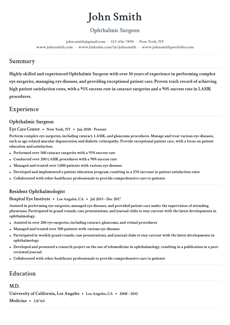 Ophthalmic Surgeon resume example