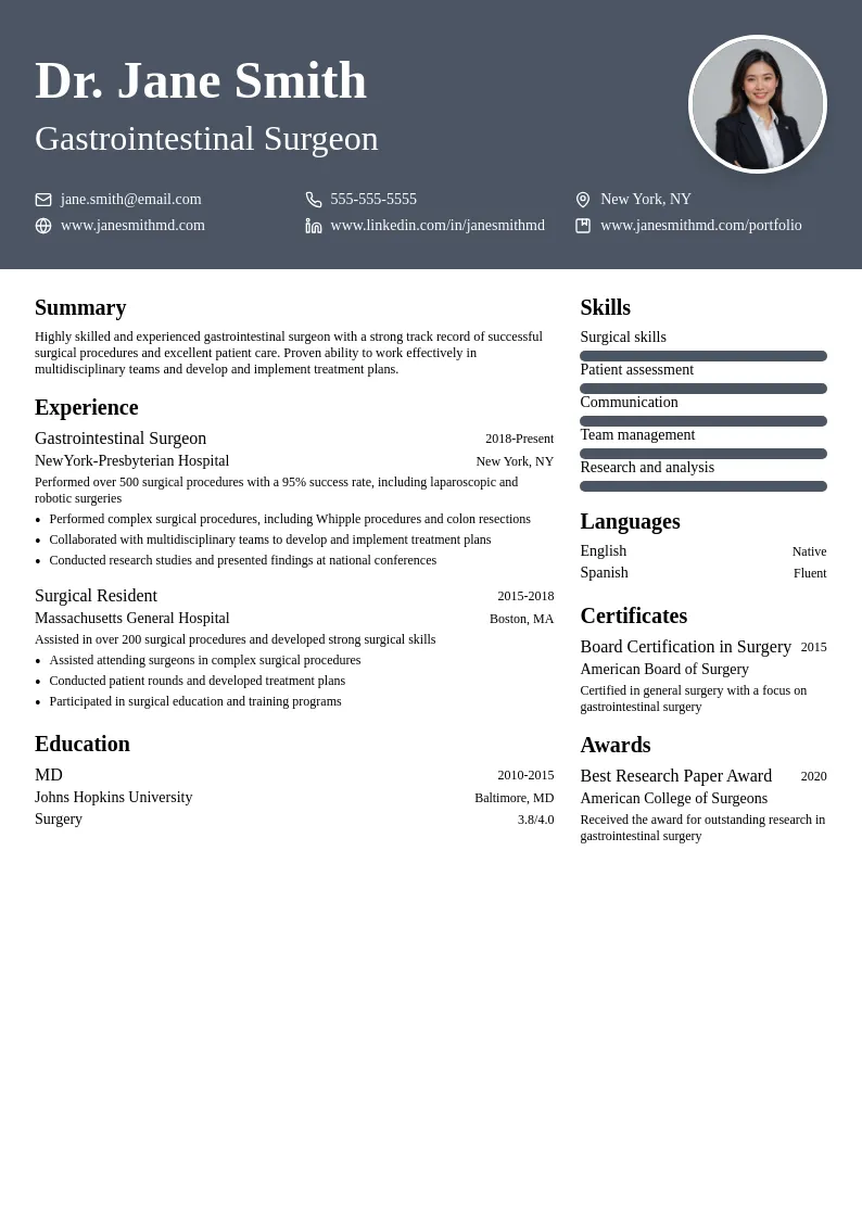 Gastrointestinal Surgeon resume example