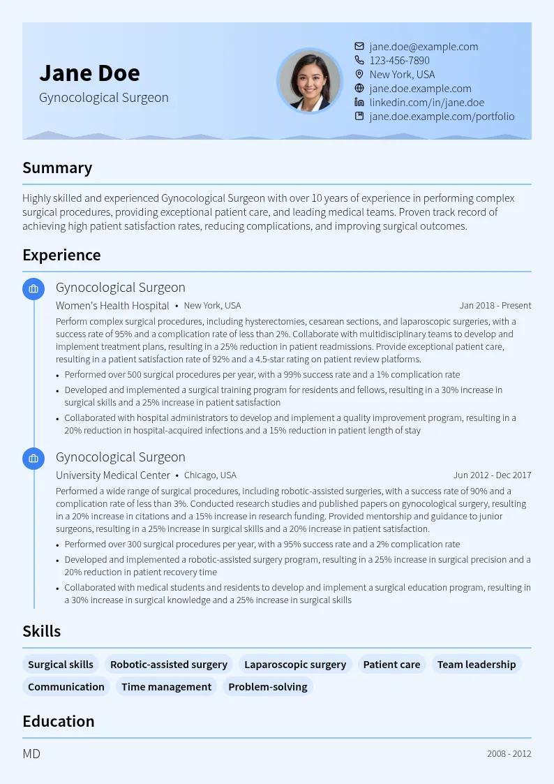 Gynocological Surgeon resume example
