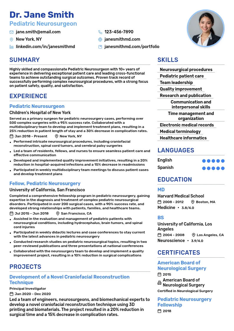 Pediatric Neurosurgeon resume example