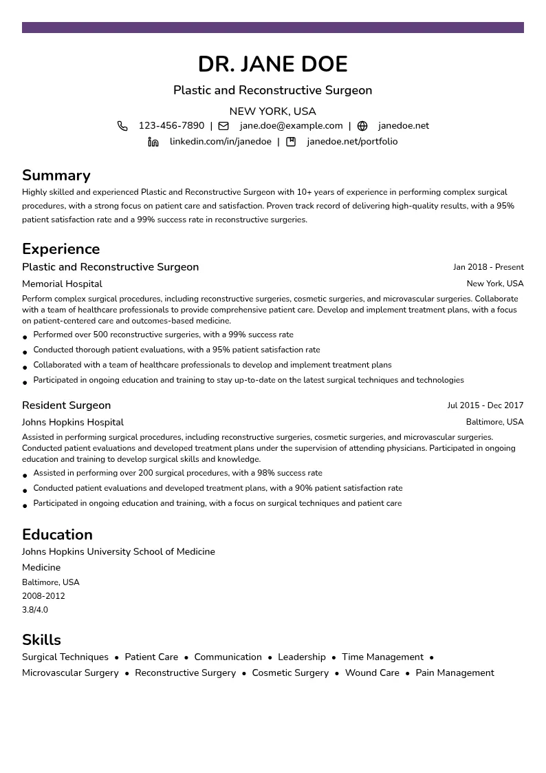 Plastic and Reconstructive Surgeon resume example
