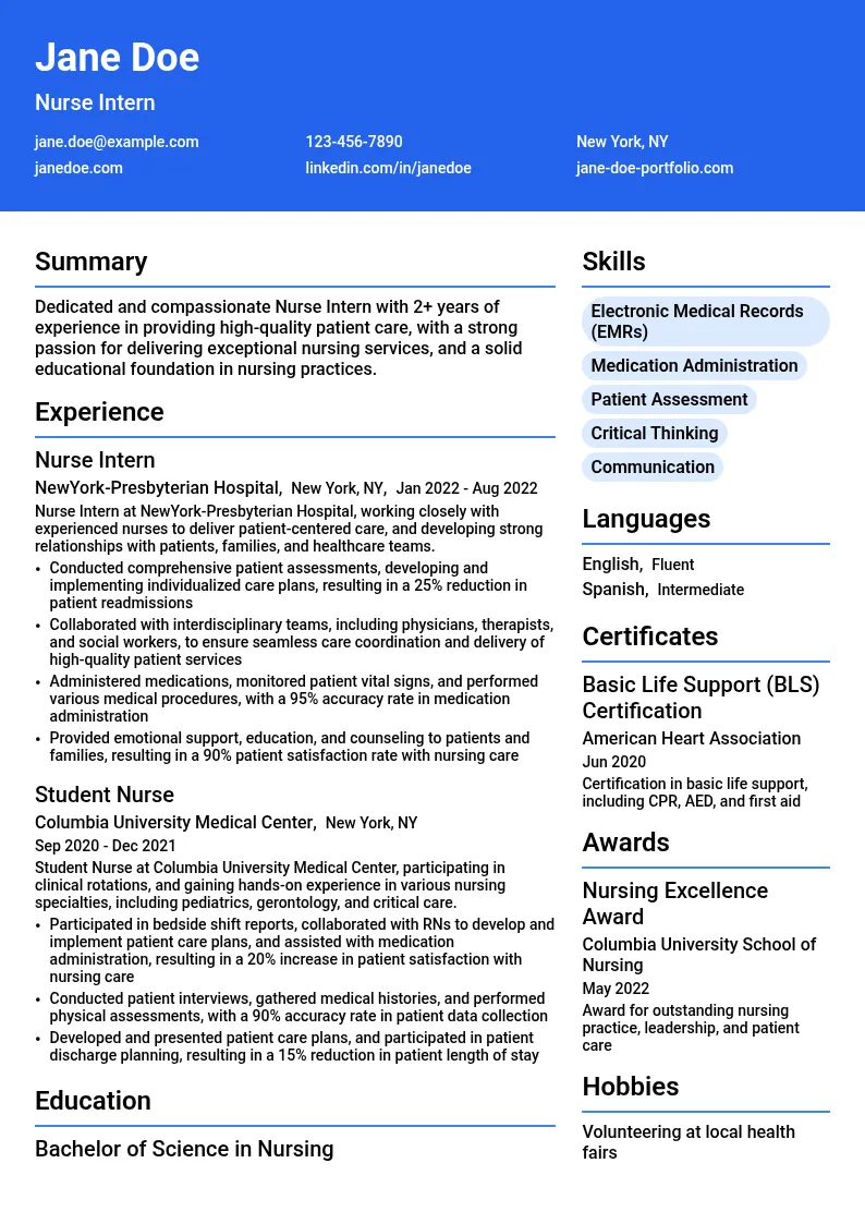 Nurse Intern resume example