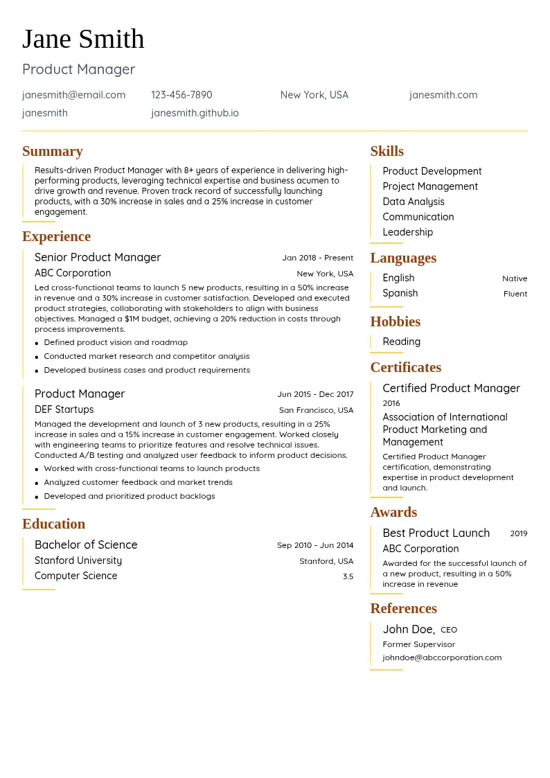 Product Manager resume example