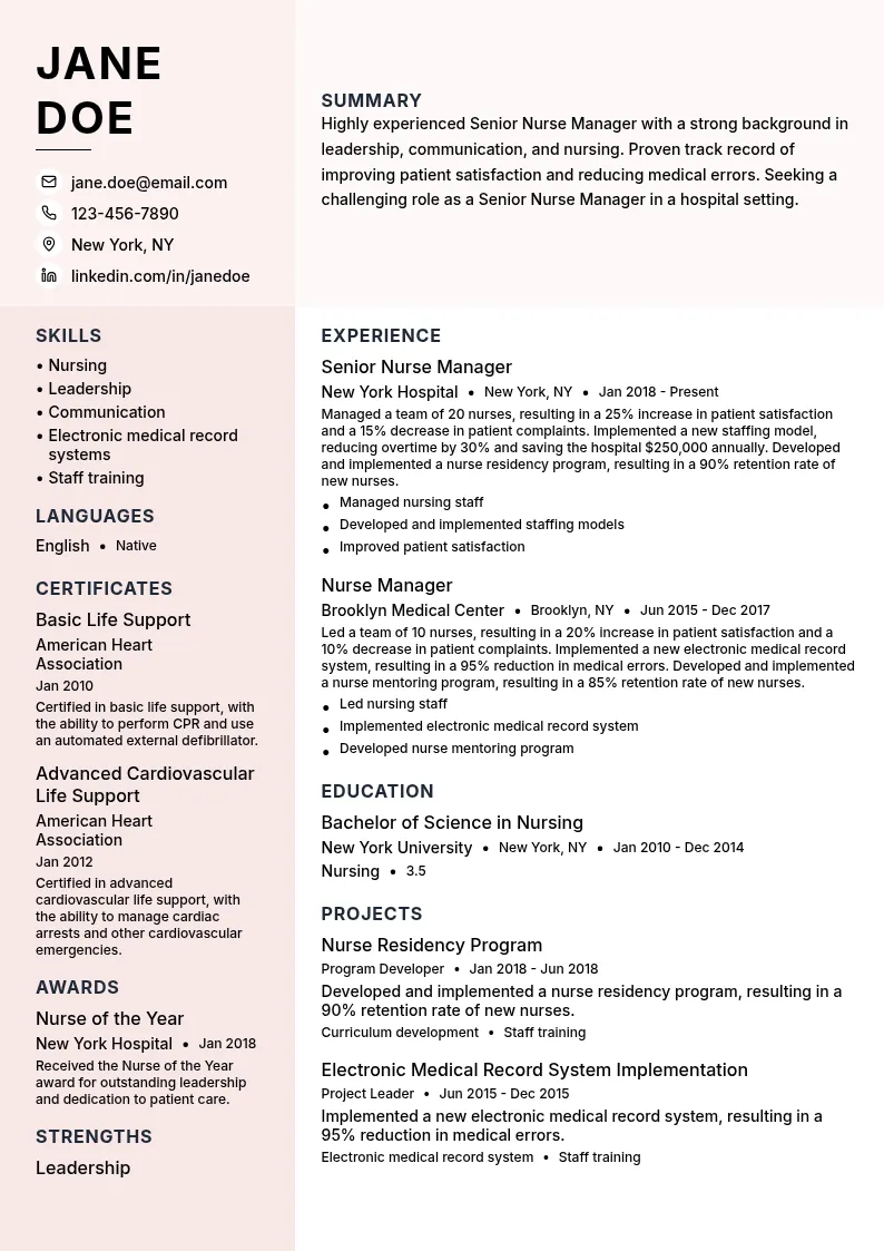 Senior Nurse Manager resume example
