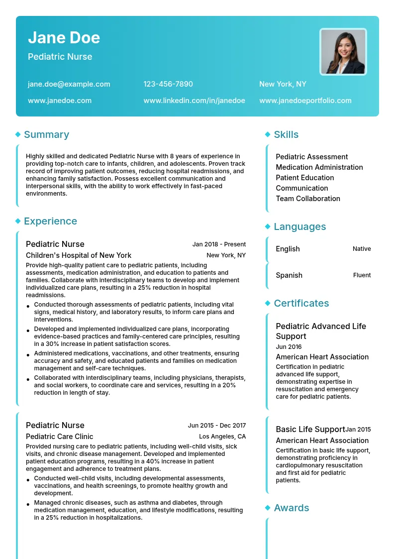Pediatric Nurse resume example