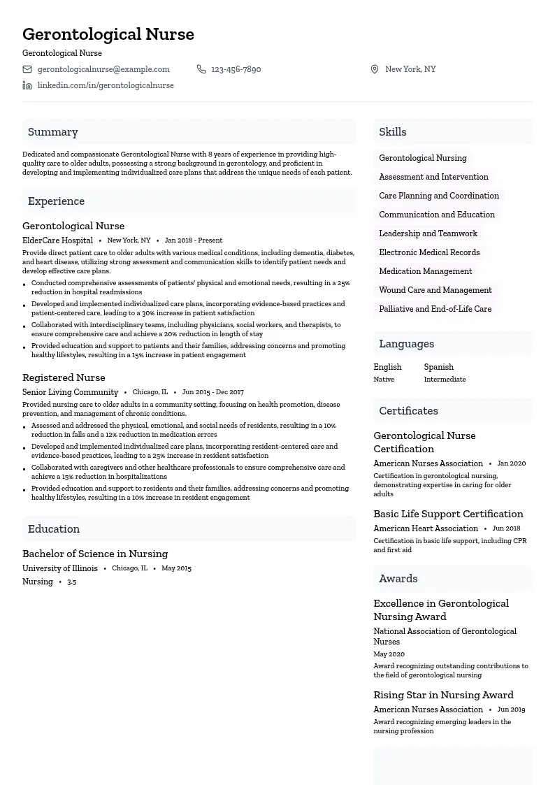 Gerontological Nurse resume example
