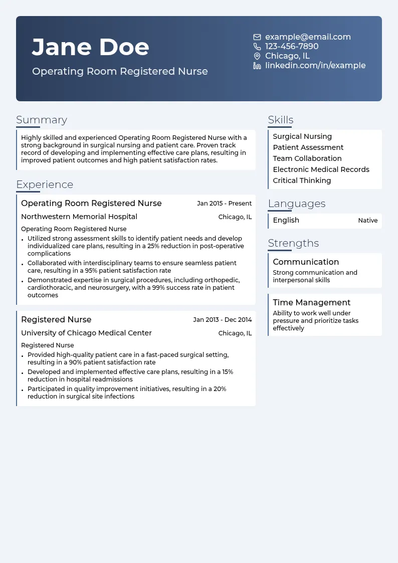 Operating Room Registered Nurse resume example