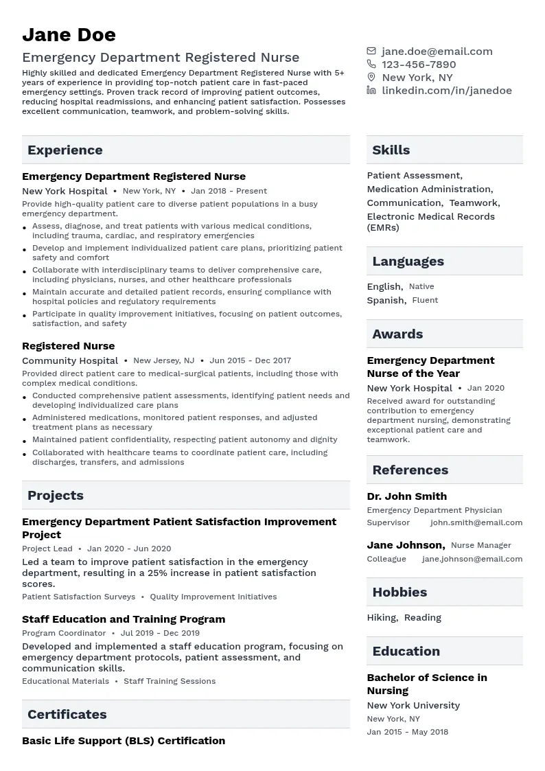 Emergency Department Registered Nurse resume example