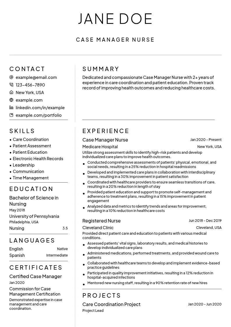 Case Manager Nurse resume example