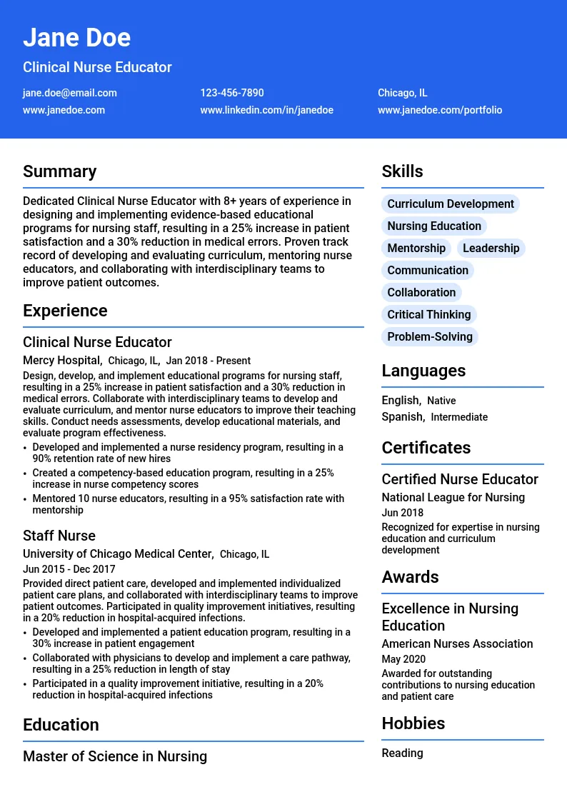 Clinical Nurse Educator resume example