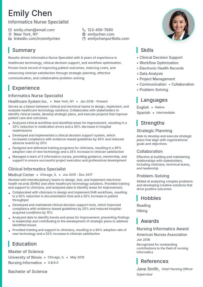 Informatics Nurse Specialist resume example