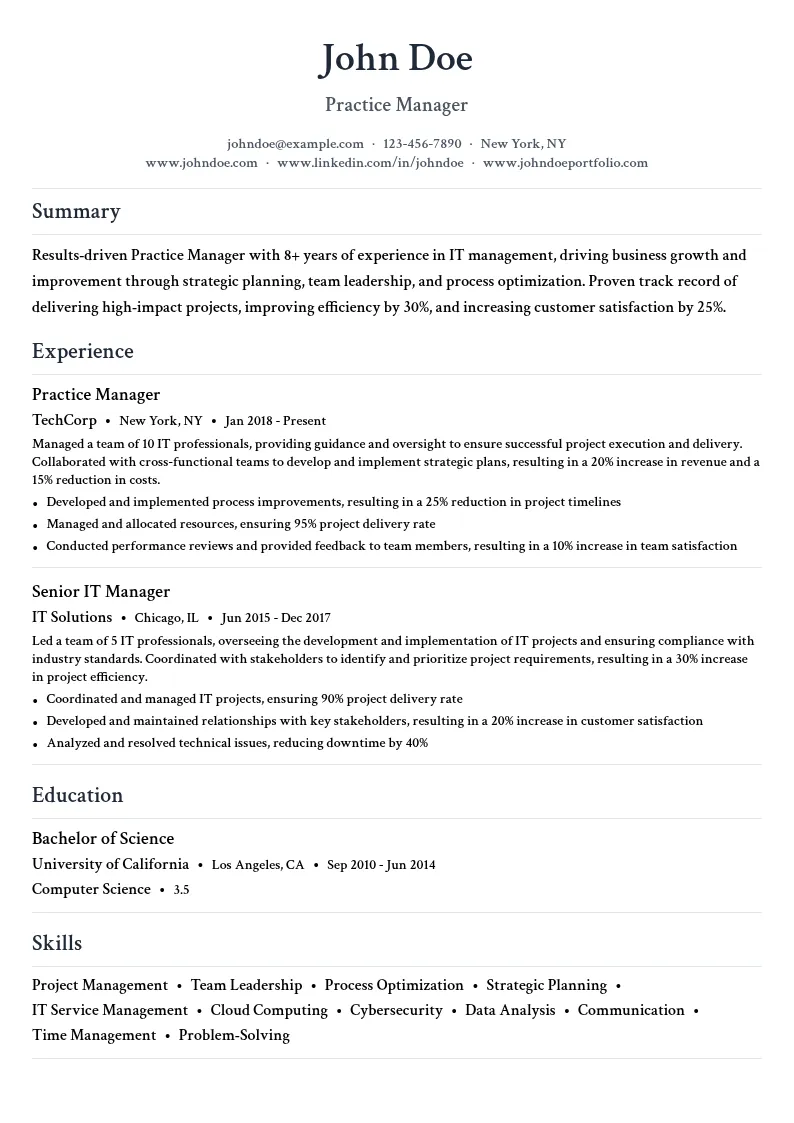 Practice Manager resume example