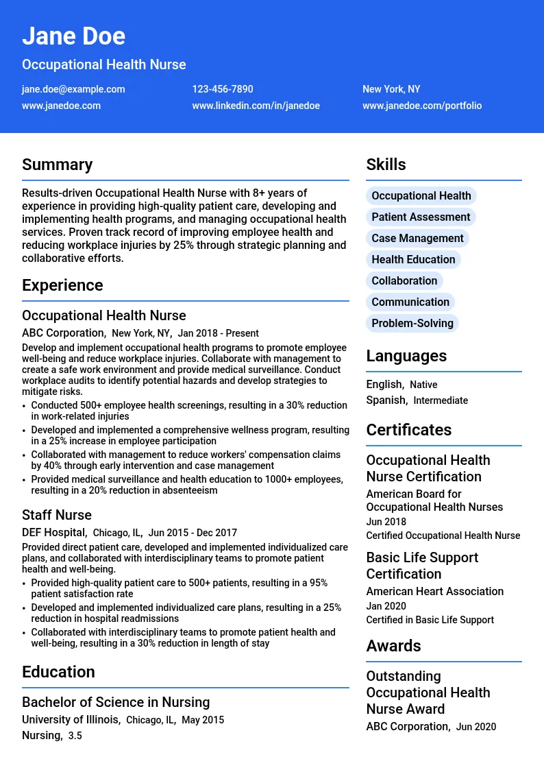 Occupational Health Nurse resume example