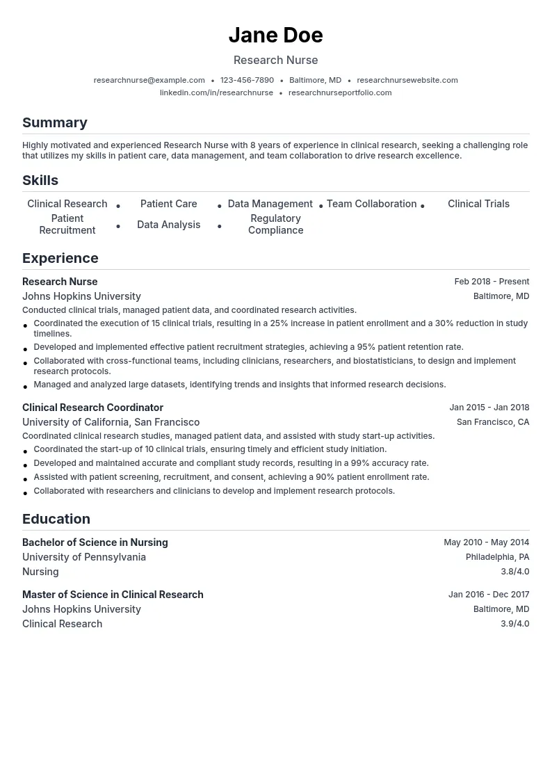 Research Nurse resume example