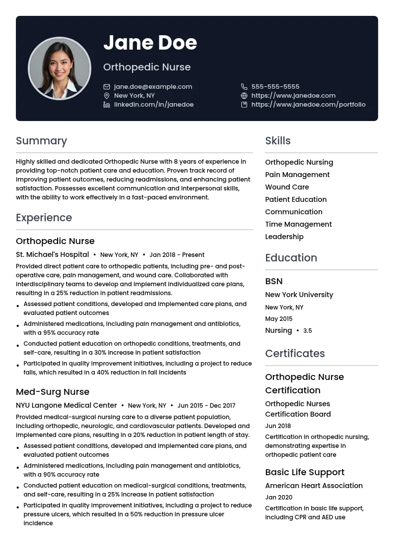 Orthopedic Nurse resume example