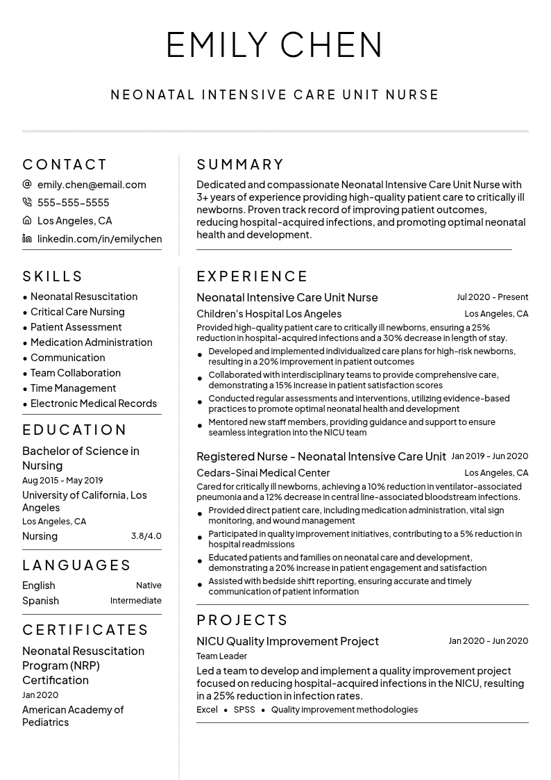 Neonatal Intensive Care Unit Nurse resume example