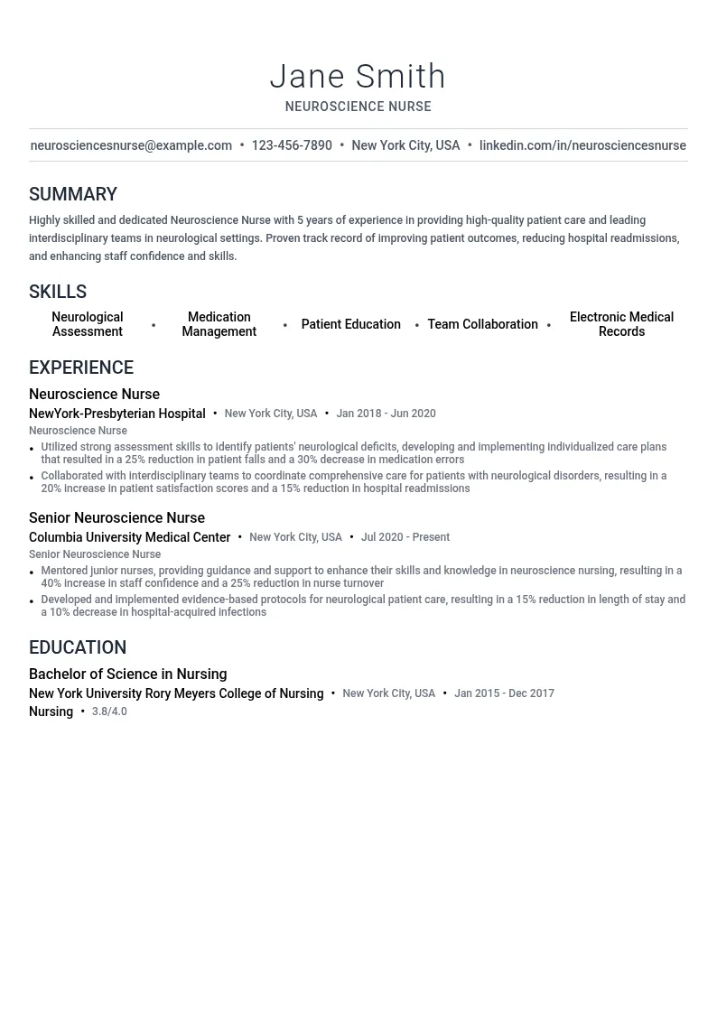 Neuroscience Nurse resume example