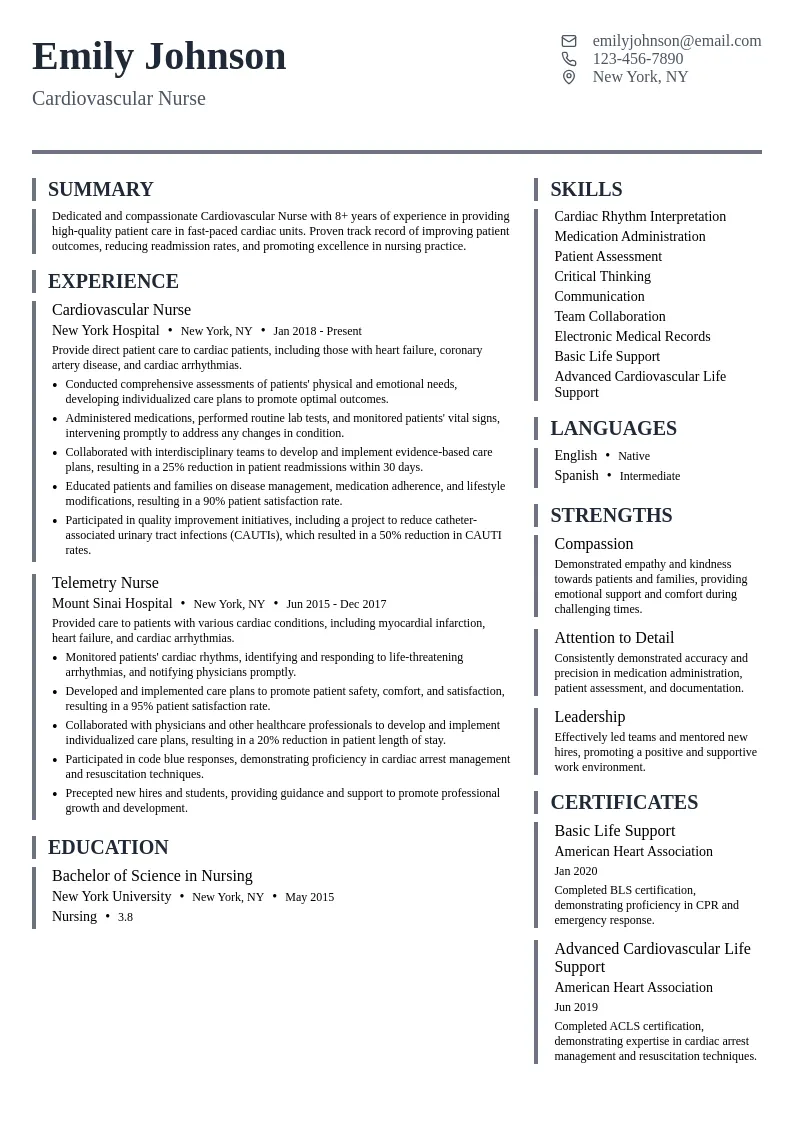 Cardiovascular Nurse resume example