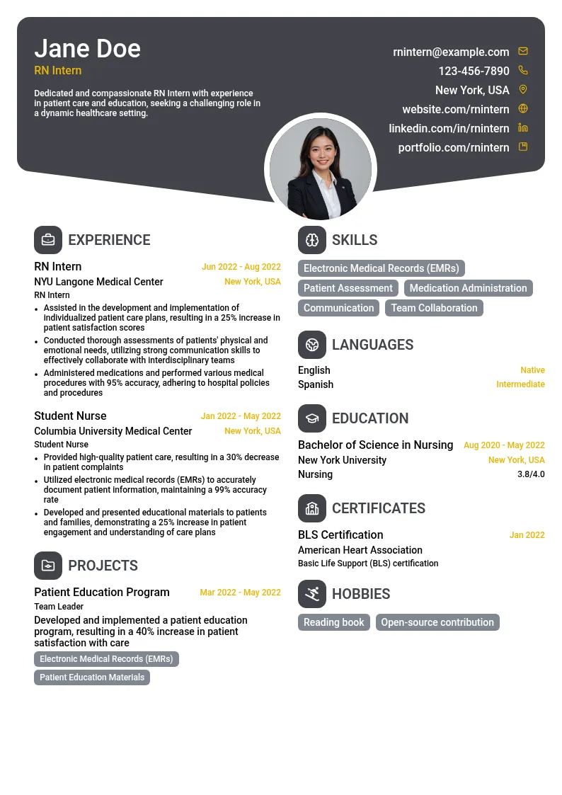 RN Intern resume example