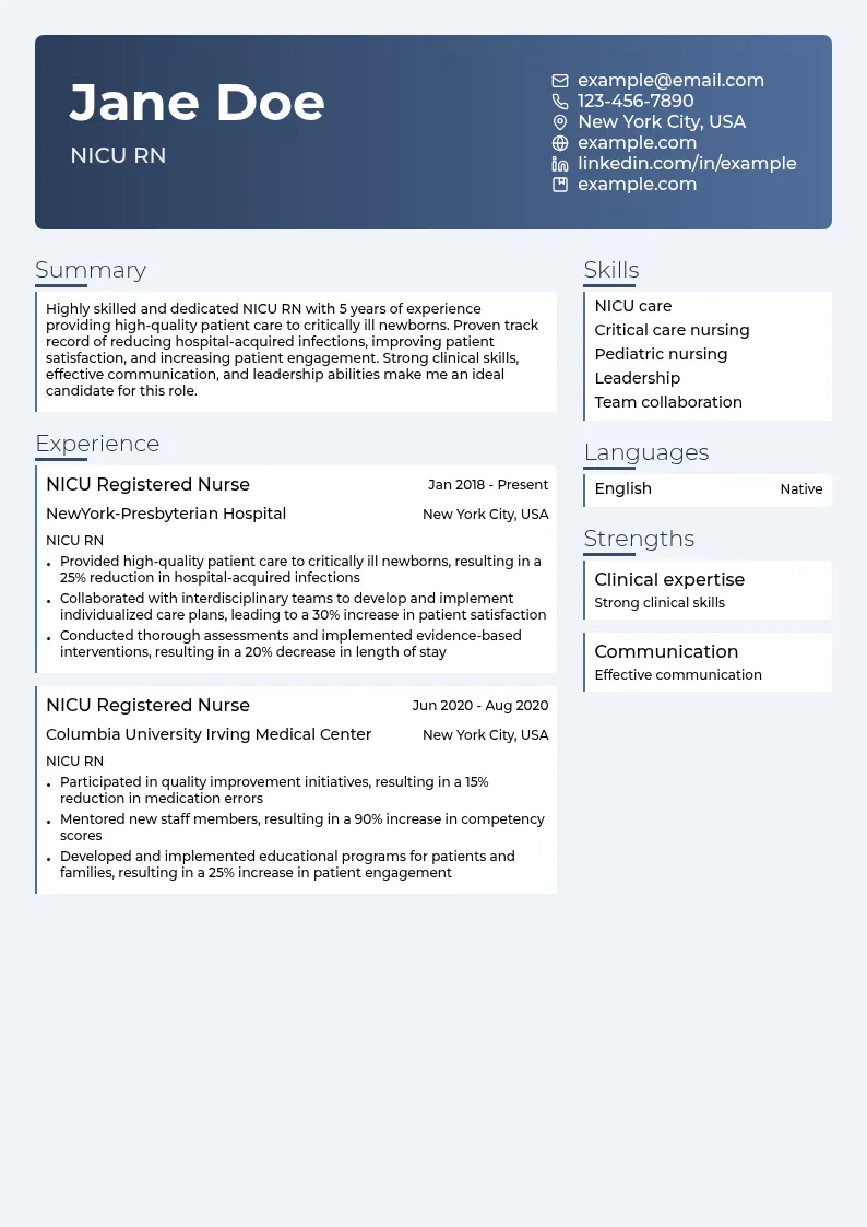  neonatal Intensive Care Unit (NICU) RN resume example