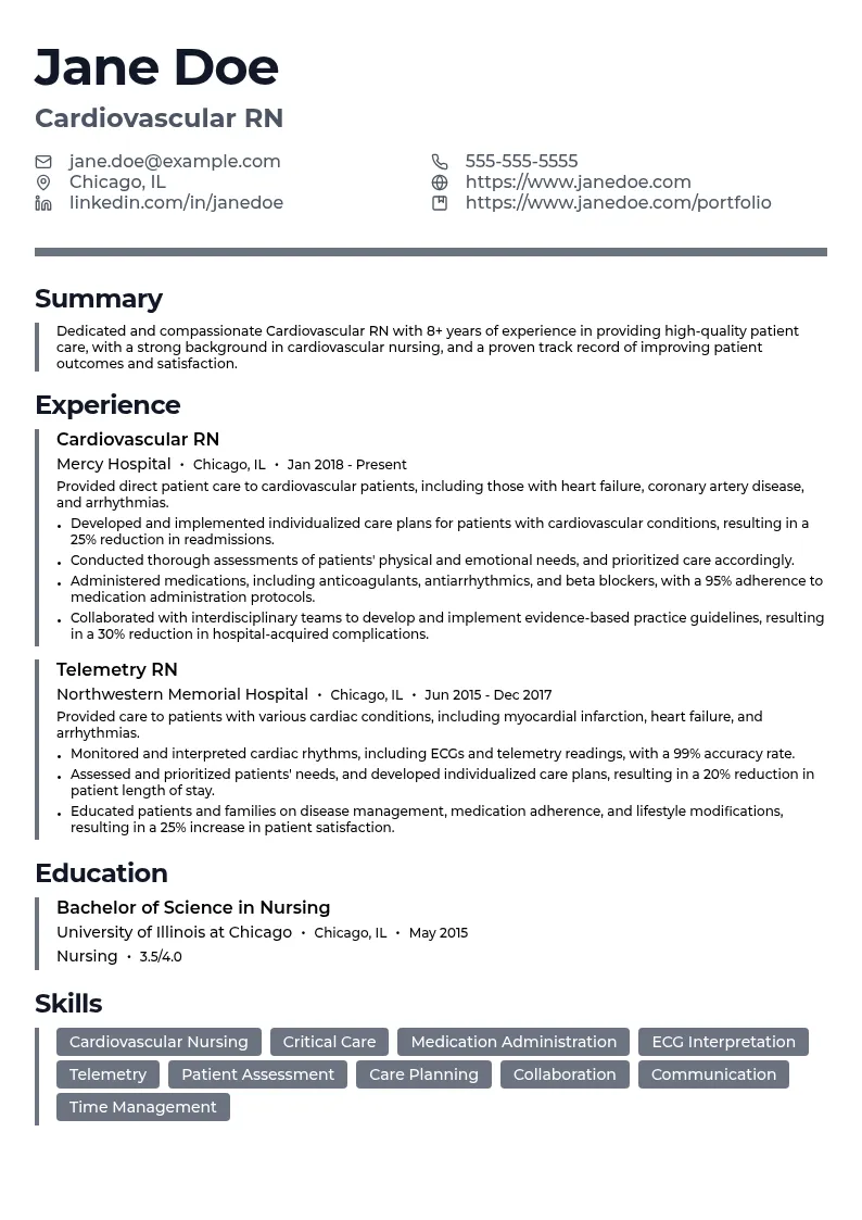 Cardiovascular RN resume example