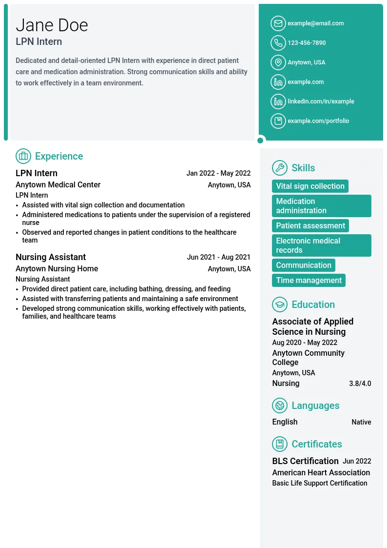 LPN Intern resume example