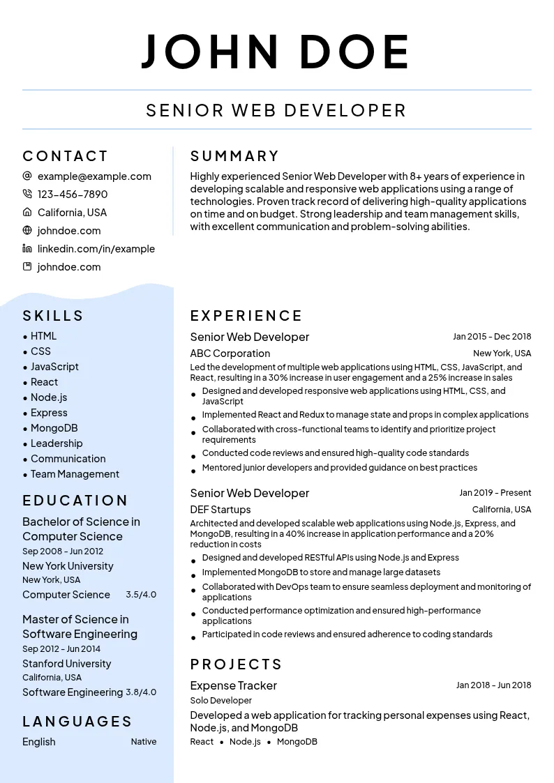 Senior Web Developer resume example