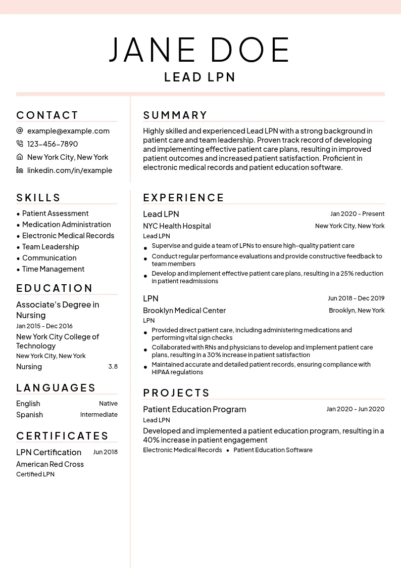 Lead LPN resume example