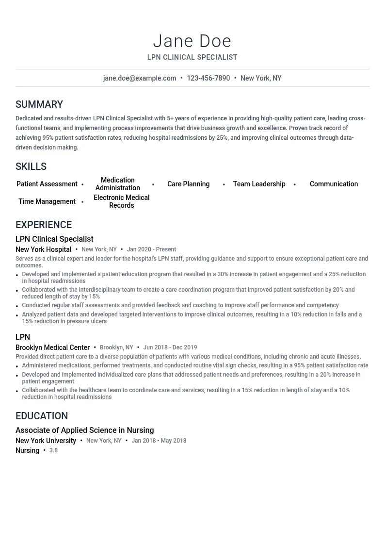 LPN Clinical Specialist resume example