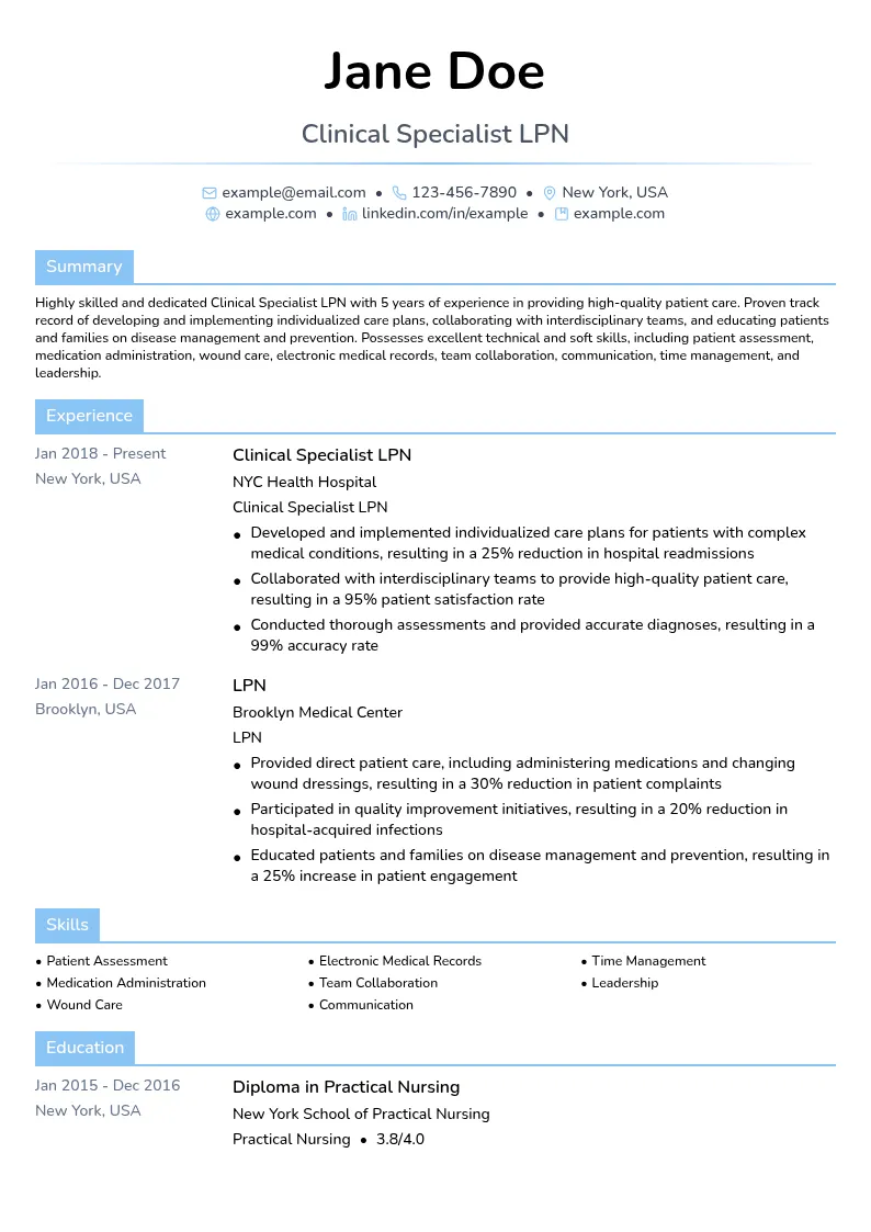 Clinical Specialist LPN resume example