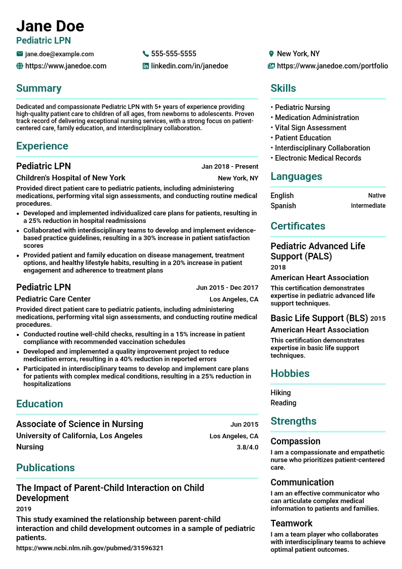 Pediatric LPN resume example