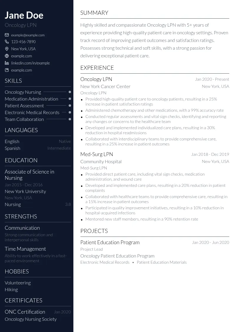 Oncology LPN resume example