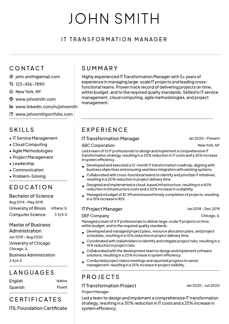 IT Transformation Manager resume example