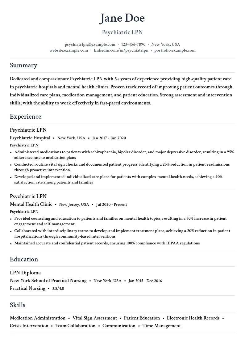 Psychiatric LPN resume example