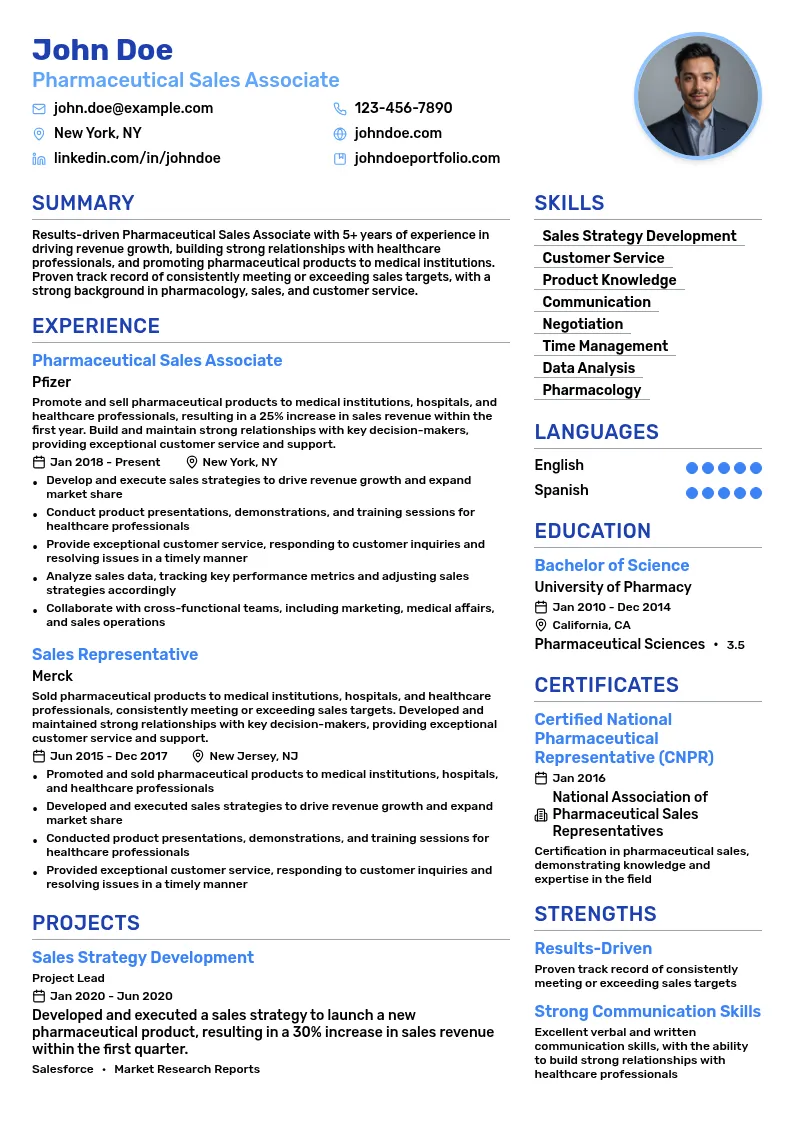 Pharmaceutical Sales Associate resume example