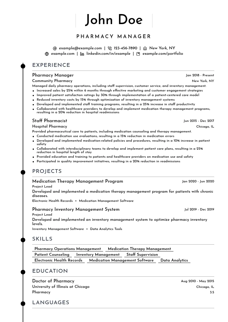 Pharmacy Manager resume example
