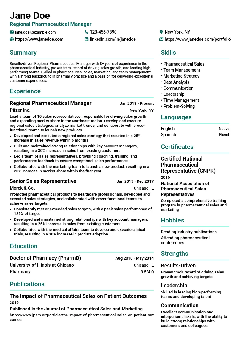 Regional Pharmaceutical Manager resume example