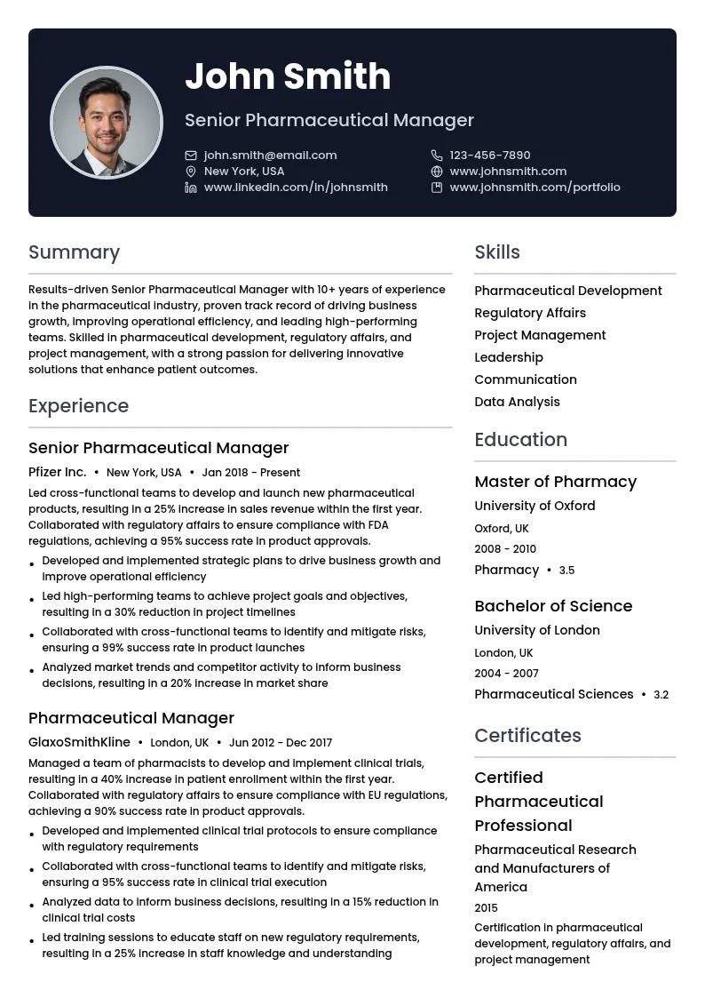 Senior Pharmaceutical Manager resume example