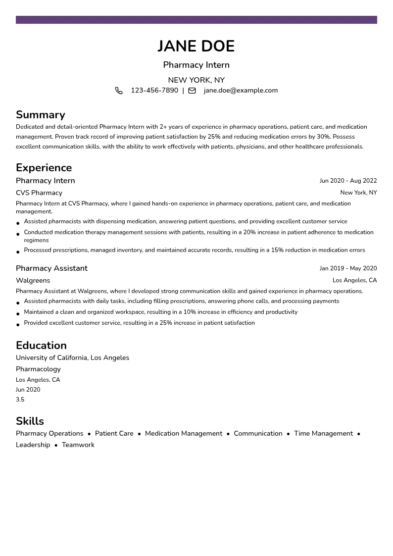 Pharmacy Intern resume example