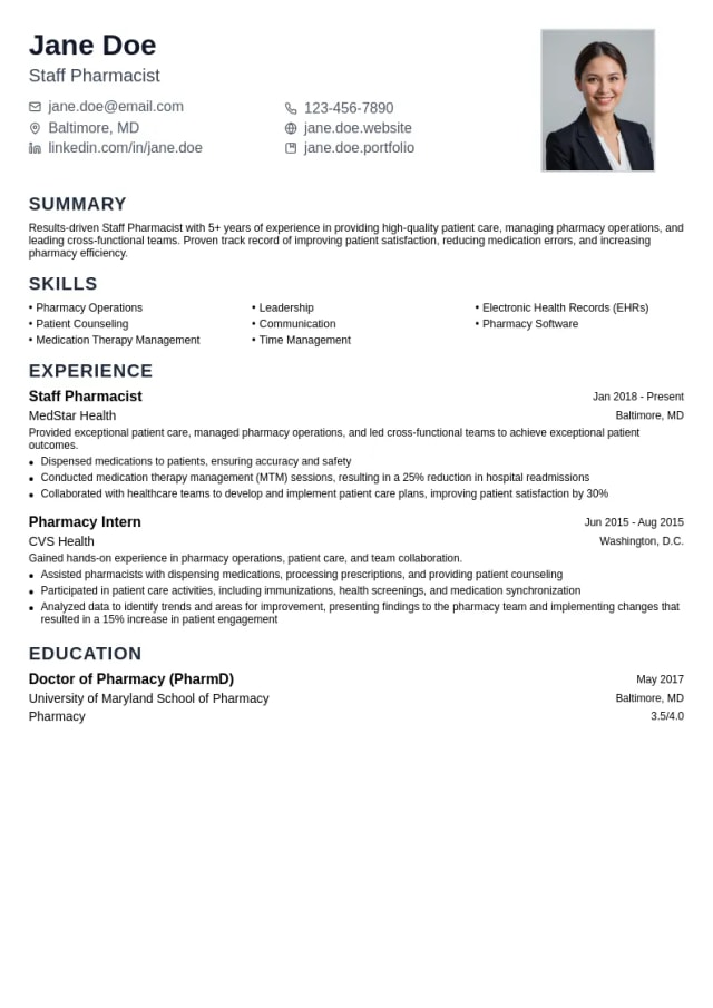 Staff Pharmacist resume example