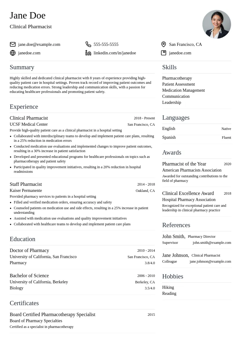 Clinical Pharmacist resume example