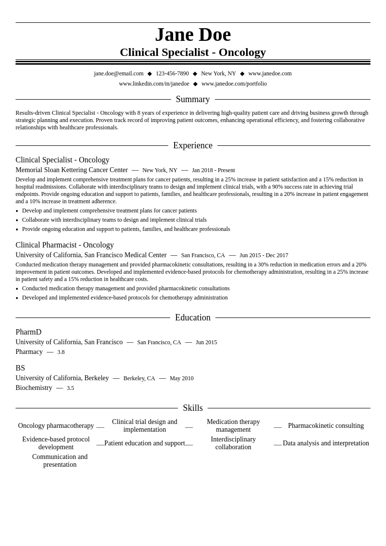 Clinical Specialist - Oncology resume example