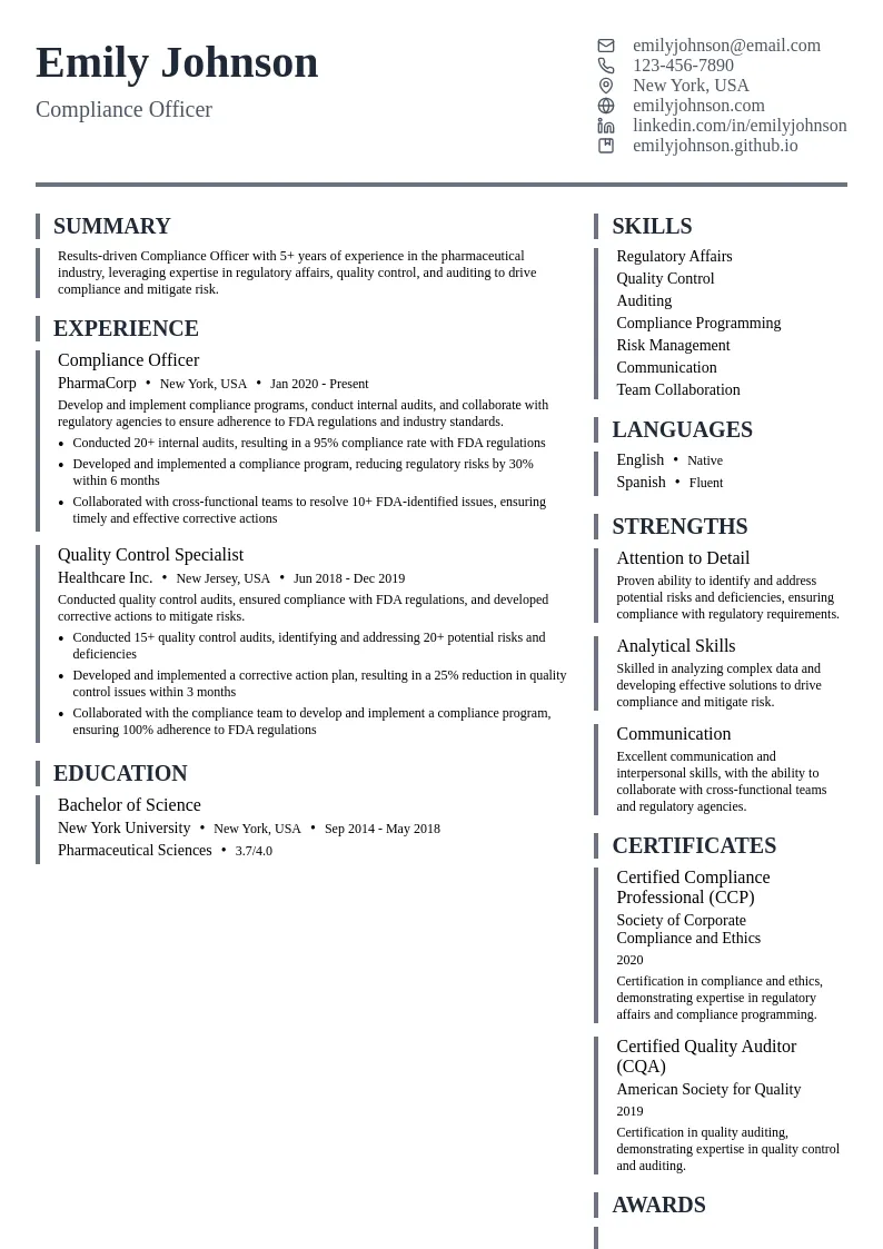 Compliance Officer resume example