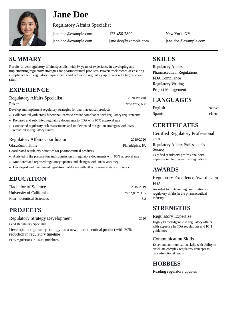 Regulatory Affairs Specialist resume example