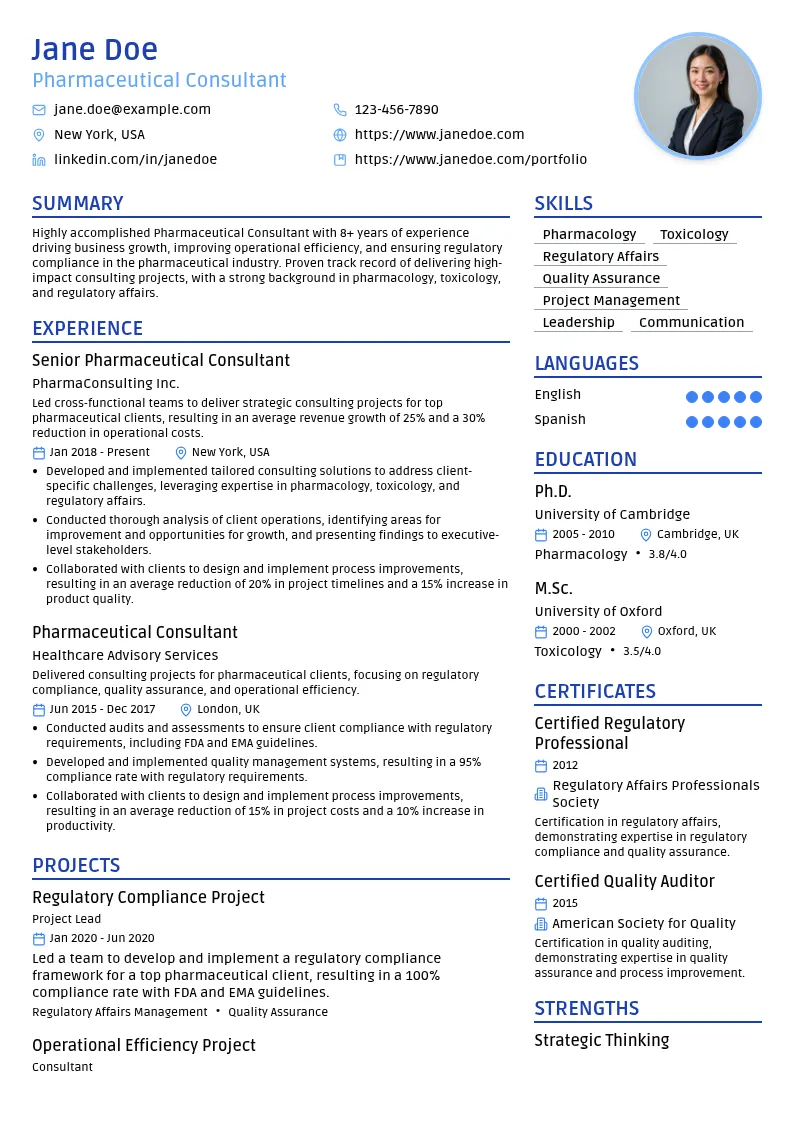 Pharmaceutical Consultant resume example