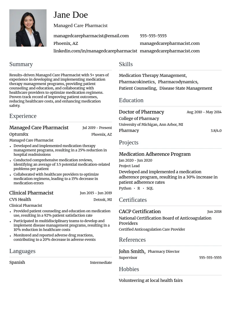Managed Care Pharmacist resume example