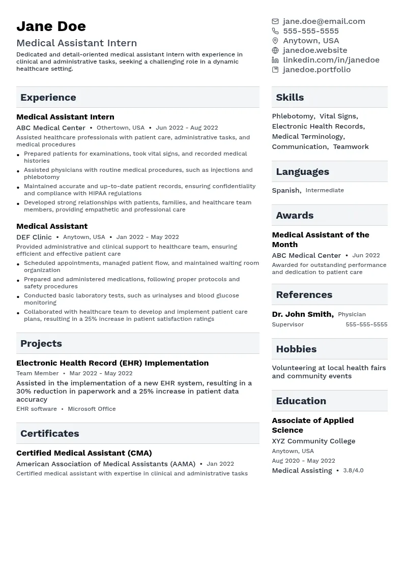 Medical Assistant Intern resume example