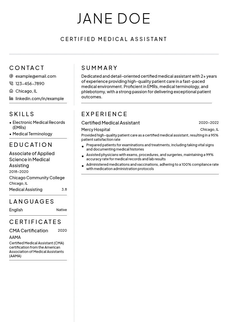 Certified Medical Assistant resume example