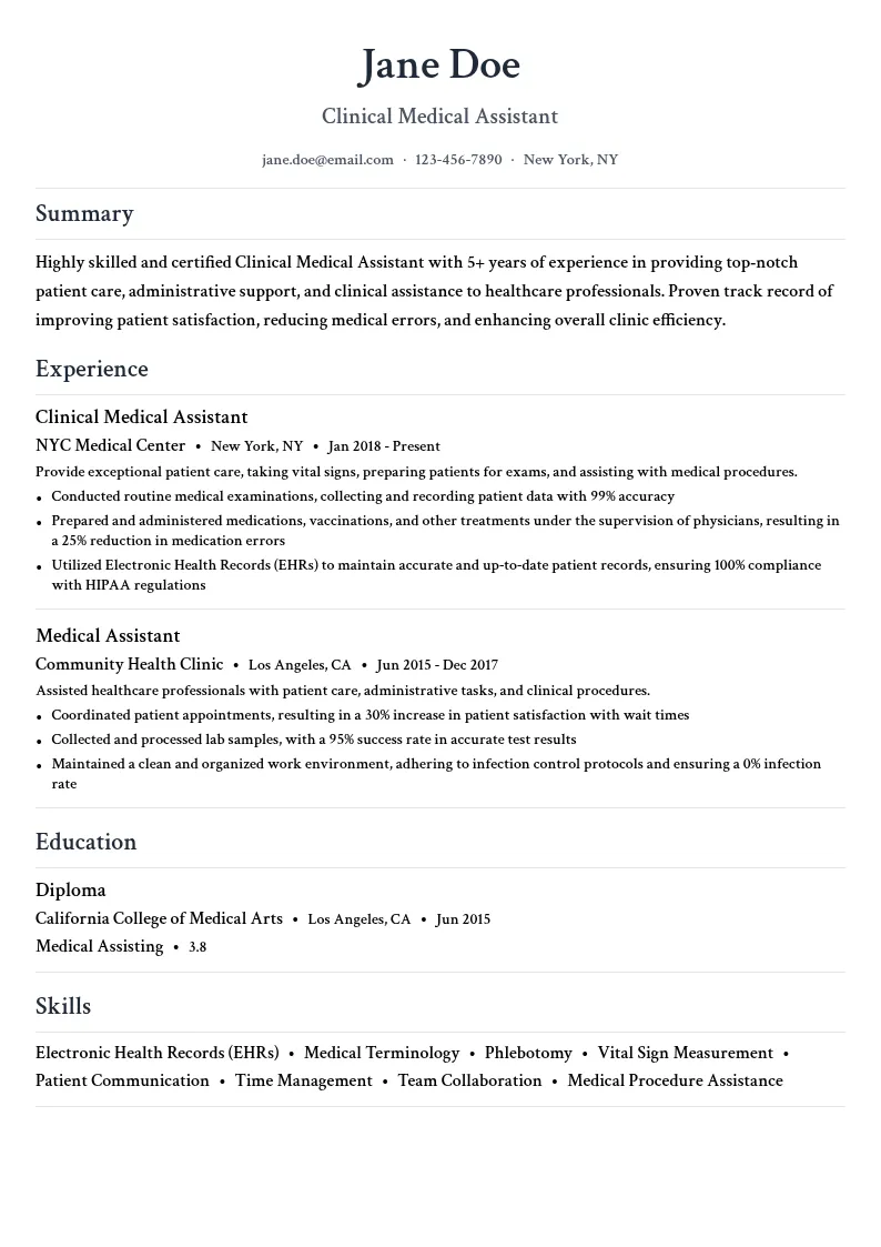 Clinical Medical Assistant resume example