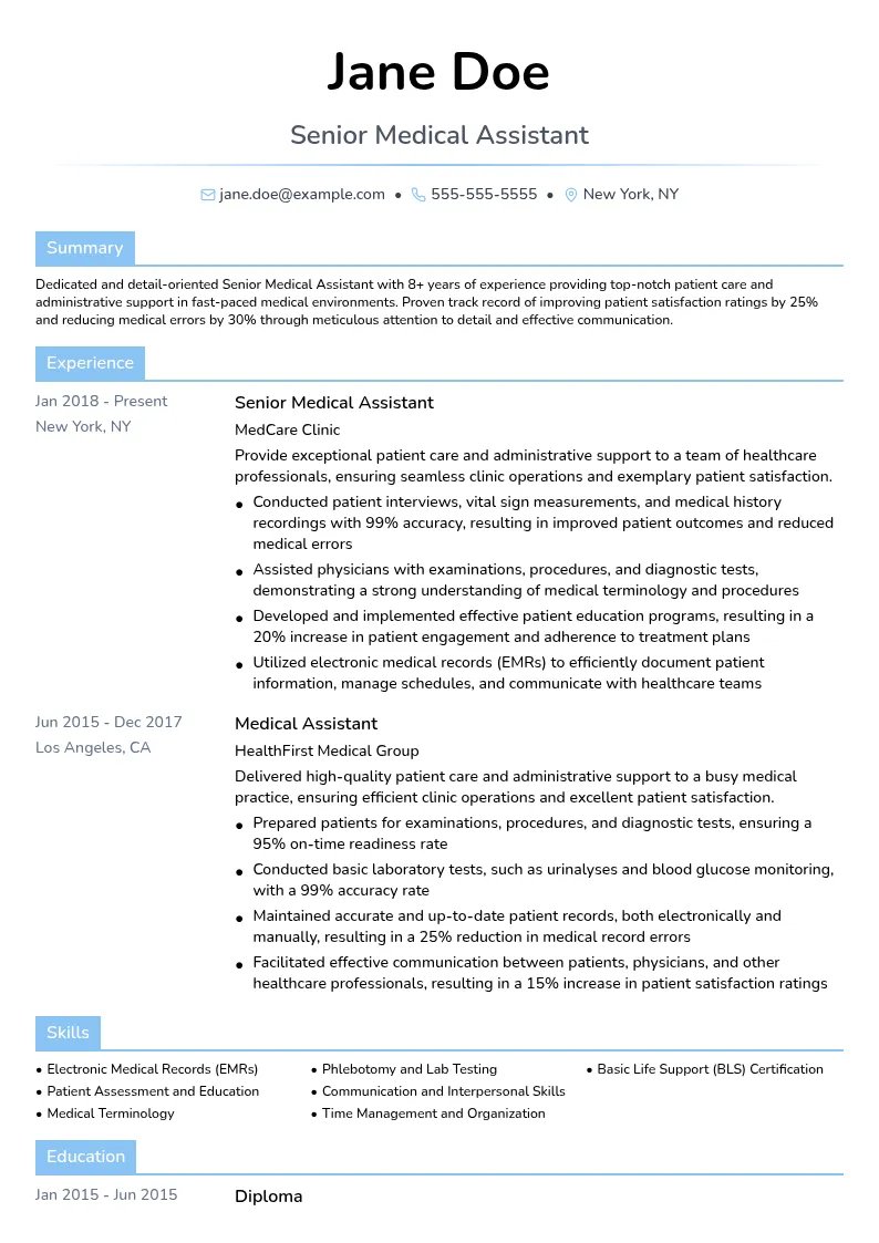 Senior Medical Assistant resume example